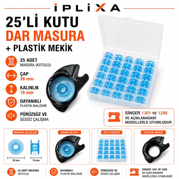 İplixa 25’li Dar Masura Kutusu ve Plastik Mekik Seti – Singer 1301 / 1288 Uyumlu Dikiş Makinesi Masu ürün görseli 1