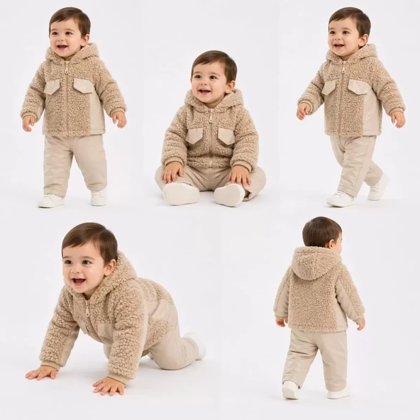 6/24 Ay Deri Detaylı Ceketli Kuzu Bebek Takımı ürün görseli 1