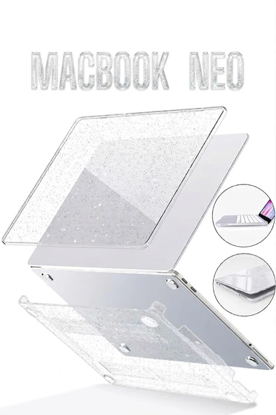 Macbook Neo 13 inç A3404 Uyumlu Kılıf Kristal Kapak Şeffaf Parlak Tam Koruma Alt Üst Koruyucu   Simli ürün görseli 1
