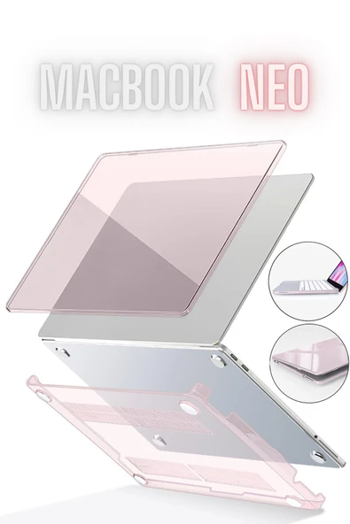Macbook Neo 13 inç A3404 Uyumlu Kılıf Kristal Kapak Şeffaf Parlak Tam Koruma Alt Üst Koruyucu   PEMBE ürün görseli 1