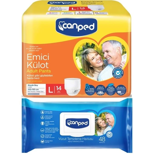 Canped Emici Külot Pants Yetişkin Bezi L - Büyük - Large 14 Adet - Temizleme Havlusu (2Li Set) ürün görseli 1