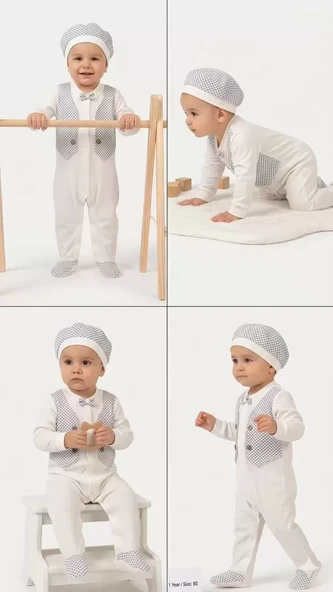 3/12 Ay Şapkalı Sahte Yelekli Bebek Tulumu ürün görseli 1