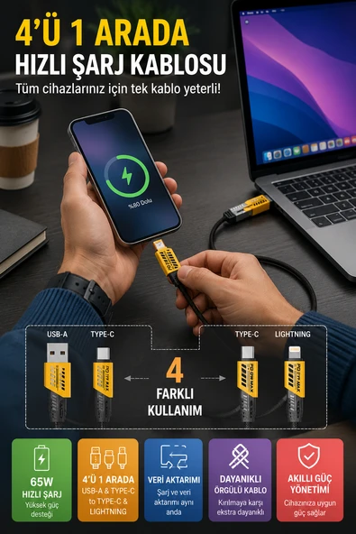 4’ü 1 Arada 65W Hızlı Şarj Kablosu USB-A Type-C Lightning Örgülü Veri Kablosu Siyah ürün görseli 1