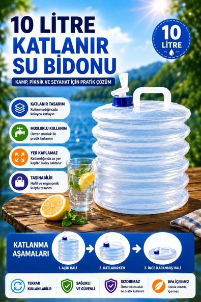 10 Litre Katlanabilir Su Bidonu Musluklu Kamp Piknik Karavan Seyahat Su Kovası Taşınır ürün görseli 1
