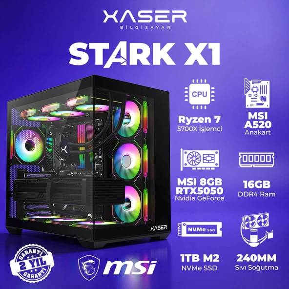 Xaser STARK X1 Ryzen 7 5700X 16GB Ram 1TB M.2 NVMe SSD 8GB RTX5050 Sıvı Soğutmalı Oyuncu Bilgisayarı ürün görseli 1