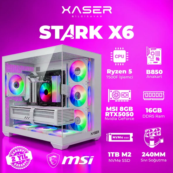 Xaser STARK X6 Ryzen 5 7500F 16GB Ram 1TB M.2 NVMe SSD 8GB RTX5050 Sıvı Soğutmalı Oyuncu Bilgisayarı ürün görseli 1
