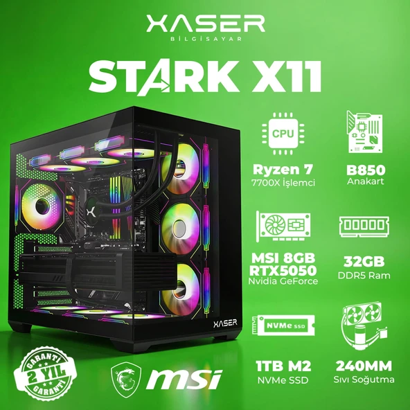 Xaser STARK X11 Ryzen 7 7700X 32GB Ram 1TB M.2 NVMe SSD 8GB RTX5050 Sıvı Soğutmalı Oyuncu Bilgisayarı ürün görseli 1