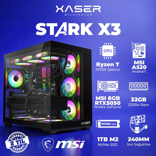 Xaser STARK X3 Ryzen 7 5700X 32GB Ram 1TB M.2 NVMe SSD 8GB RTX5050 Sıvı Soğutmalı Oyuncu Bilgisayarı ürün görseli 1