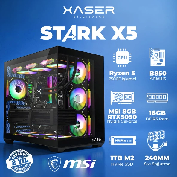Xaser STARK X5 Ryzen 5 7500F 16GB Ram 1TB M.2 NVMe SSD 8GB RTX5050 Sıvı Soğutmalı Oyuncu Bilgisayarı ürün görseli 1