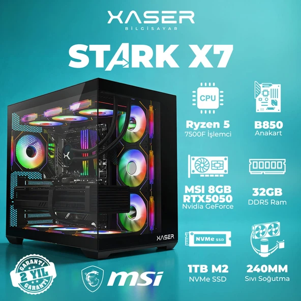 Xaser STARK X7 Ryzen 5 7500F 32GB Ram 1TB M.2 NVMe SSD 8GB RTX5050 Sıvı Soğutmalı Oyuncu Bilgisayarı ürün görseli 1