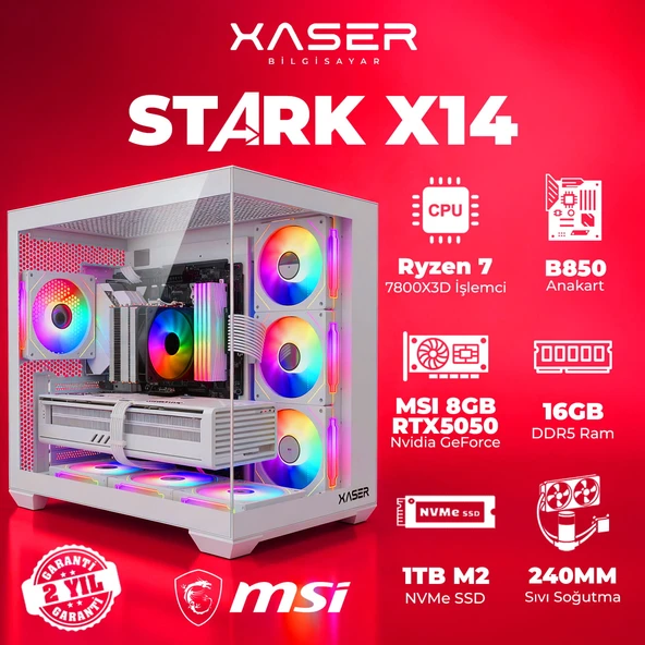 Xaser STARK X14 Ryzen 7 7800X3D 16GB Ram 1TB M.2 NVMe SSD 8GB RTX5050 Sıvı Soğutmalı Oyuncu Bilgisayarı ürün görseli 1