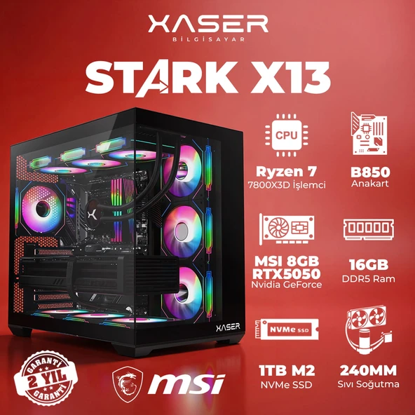 Xaser STARK X13 Ryzen 7 7800X3D 16GB Ram 1TB M.2 NVMe SSD 8GB RTX5050 Sıvı Soğutmalı Oyuncu Bilgisayarı ürün görseli 1