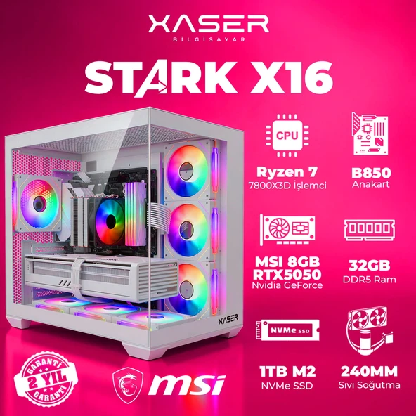 Xaser STARK X16 Ryzen 7 7800X3D 32GB Ram 1TB M.2 NVMe SSD 8GB RTX5050 Sıvı Soğutmalı Oyuncu Bilgisayarı ürün görseli 1
