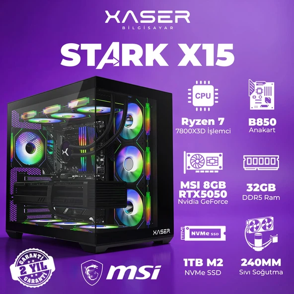 Xaser STARK X15 Ryzen 7 7800X3D 32GB Ram 1TB M.2 NVMe SSD 8GB RTX5050 Sıvı Soğutmalı Oyuncu Bilgisayarı ürün görseli 1