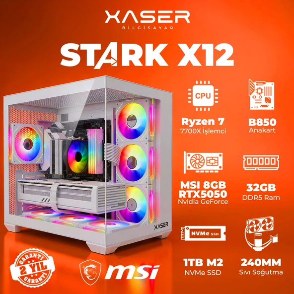 Xaser STARK X12 Ryzen 7 7700X 32GB Ram 1TB M.2 NVMe SSD 8GB RTX5050 Sıvı Soğutmalı Oyuncu Bilgisayarı ürün görseli 1