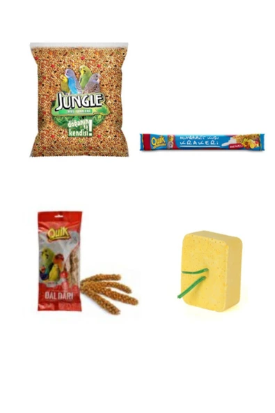 Jungle Muhabbet Kuş Ihtiyaç Set( Muhabbet Yem+quik Meyve Krakeri+quik Dal Darı+quik Enerji Bloğu) ürün görseli 1