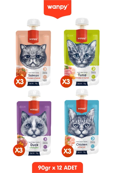 Wanpy 12li 4 Lezzet Taze Kedi Et Ezmesi Kedi Ödülü Çevir Aç Kapak 12 x 90gr ürün görseli 1