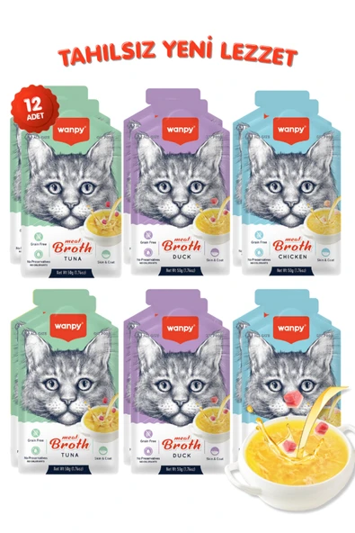 Wanpy Karışık Aromalı Tahılsız Kedi Çorbası 50gr x 12 Adet Sıvı Kedi Ödülü 3 Çeşit ürün görseli 1