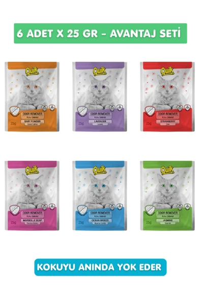 Quik 6lı Set - Kedi Kumu Koku Giderici Karışık Kokulu Hızlı ve Etkili Doğal 25gr x 6 ürün görseli 1