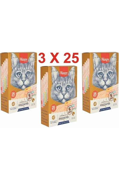 Wanpy 3 Paket Creamy Karışık Krema Sıvı Kedi Ödül Maması 75 Adet ürün görseli 1