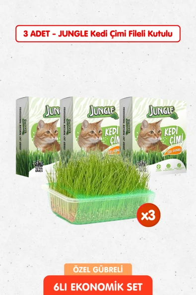 Jungle 3 Adet Özel Gübreli %100 Doğal Kedi Çimi Fileli ve Kutulu Tüy Yumağı Önleyici ürün görseli 1
