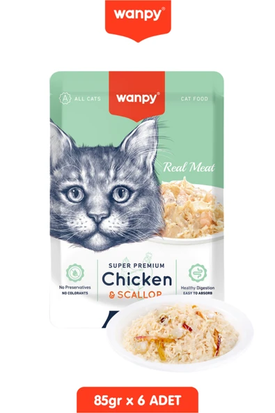 Wanpy Kedi Ödülü Pouch Tavuklu & Deniz Taraklı Yaş Kedi Maması 6 Adet x 85gr ürün görseli 1