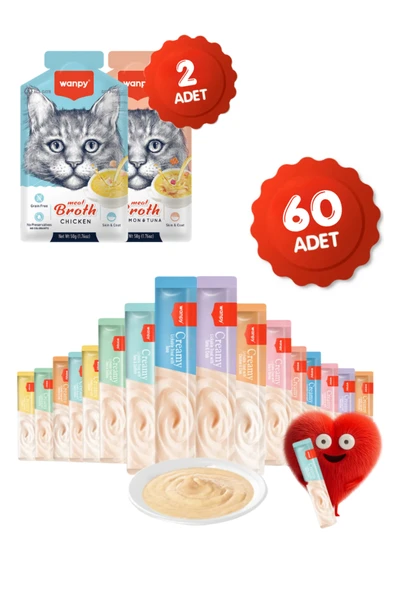 Wanpy Krema Kedi Ödül Maması 60 Adet 14gr 2 Adet Kedi Çorbası 50gr Hediyeli ürün görseli 1