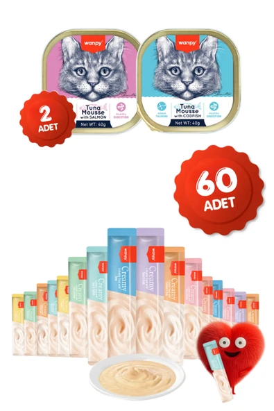 Wanpy Krema Kedi Ödül Maması 60 Adet 14gr 2 Adet Kedi Yaş Mama 40gr Hediyeli ürün görseli 1