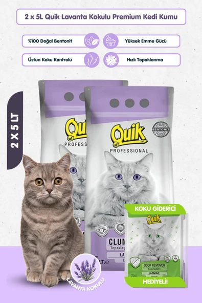 Quik 2 Adet 5LT Lavanta Kokulu Bentonit Topaklaşan Kokusuz Kedi Kumu 5LT x 2 Adet ürün görseli 1