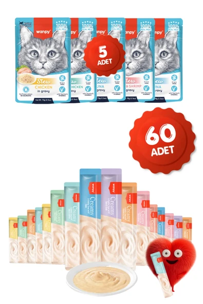 Wanpy Krema Kedi Ödül Maması 60 Adet 14gr 5 Adet Pouch Yaş Mama 70gr Hediyeli ürün görseli 1