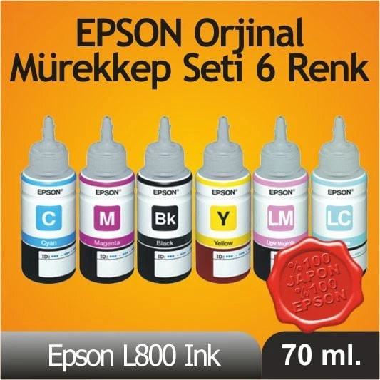 ORİJİNAL (6 ADET Mürekkep SETİ) Epson L800 / L810 / L850 / L1800 için 6 RENKLİ TÜM EPSON YAZICILAR İÇİN 70 ml. ürün görseli 1