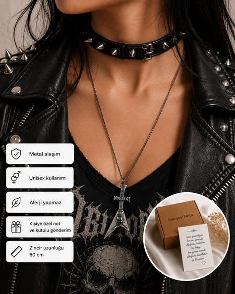 Megadeth Temalı Gitar Kolye Unisex Metal Müzik Zincirli Aksesuar ürün görseli 1