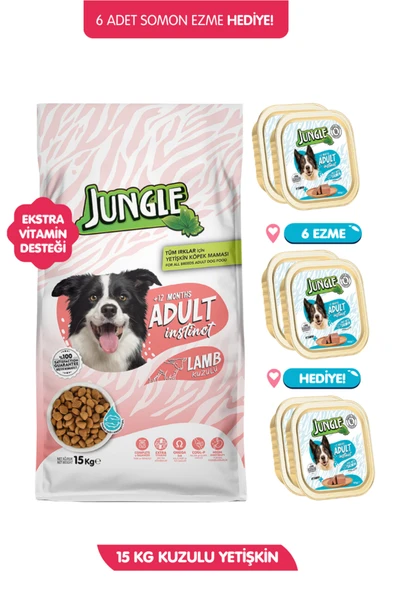 Jungle Kuzu Etli Omega 3 Destekli Yetişkin Köpek Maması 15 kg + 6 Adet Somonlu Ezme Hediye ürün görseli 1