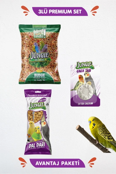 Jungle 3lü Premium İhtiyaç Seti - Gaga Taşı Kalsiyum Muhabbet Dal Darı 1 kg Poşet Muhabbet Kuşu Yemi ürün görseli 1