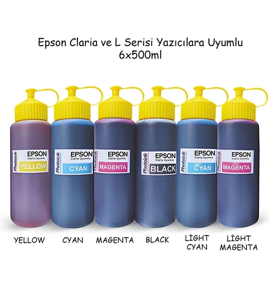 Epson Claria ve L Serisi Yazıcılar için uyumlu 6x500 ml Mürekkep Seti (PHOTOINK Akıllı Mürekkep) L100/110/200/210/220/ 300/310/355/455/550 /800/810/850/1300/1800/ l382/l386/l455/1455 ürün görseli 1