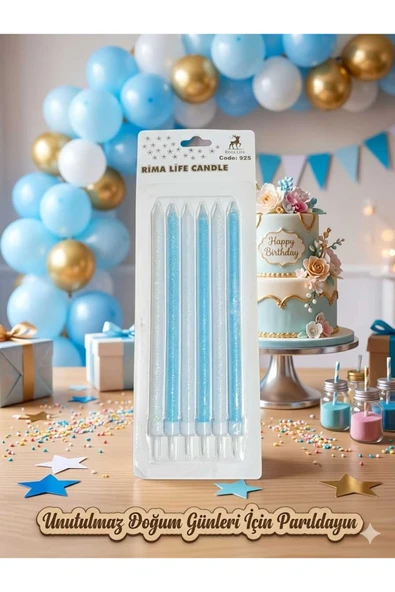 AvcıParti Rima Life Candle Mavi Simli Doğum Günü Pasta Mumu, Uzun Boy, Parlak Finish, Kutlama için, 6'lı Paket ürün görseli 1