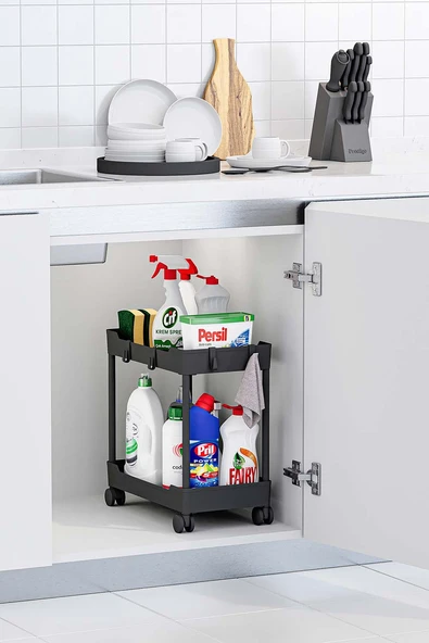 Siyah 2 Katlı Tekerlekli Düzenleyici Mutfak ve Banyo Rafı ürün görseli 1