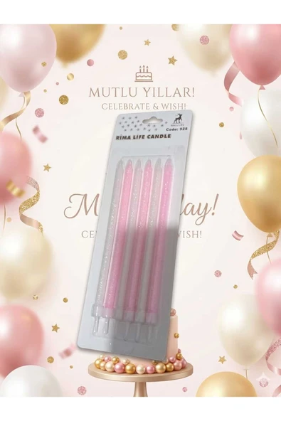 AvcıParti Rima Life Pembe Simli Doğum Günü Pasta Mumu, Parafin, 6'lı Paket, ürün görseli 1