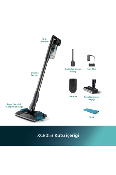 Philips 8000 Serisi Aqua Plus Dikey Süpürge, 80 Dakika Çalışma, Mop ve Kuru Özellik, Akıllı Başlık XC8053/01