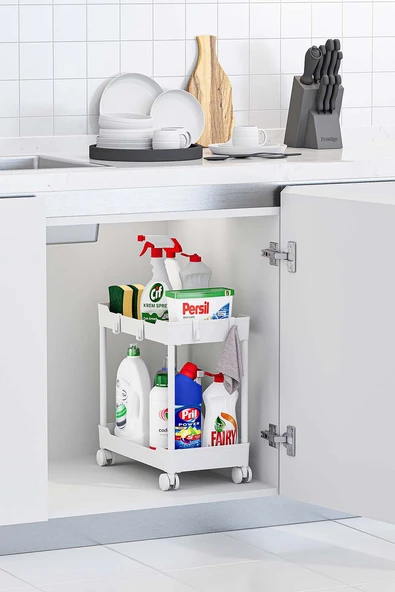 Beyaz 2 Katlı Tekerlekli Düzenleyici Mutfak ve Banyo Rafı ürün görseli 1