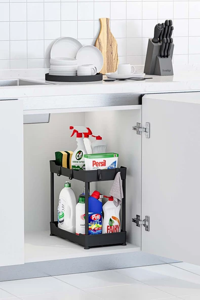 Siyah 2 Katlı Düzenleyici Mutfak ve Banyo Rafı ürün görseli 1