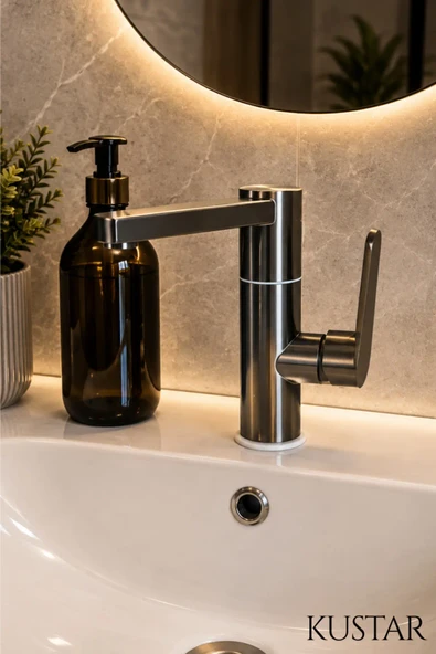 Modern Tek Kollu İnox Lavabo Bataryası  Banyo Musluğu  Aç-Kapa  Döner Boru Sıcak Soğuk ürün görseli 1