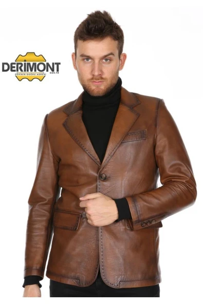 Hakiki Deri Kahverengi Casual Düğmeli Erkek Deri Ceket ürün görseli 1