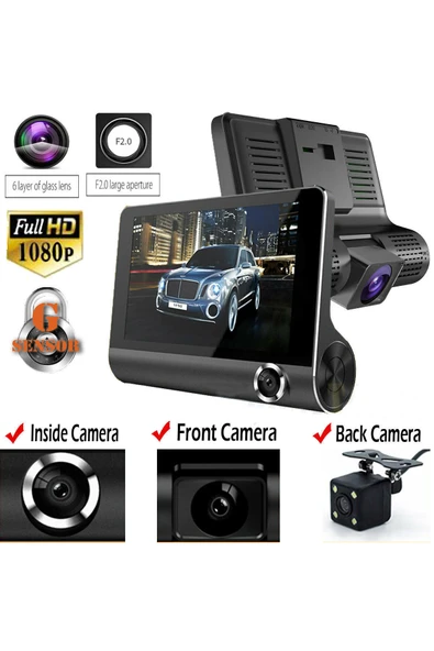 Araç Içi KAYIT Kamerası 1080p 3 Kameralı FULL HD 4.1 Inc Ekranlı Araç Iç Yol KAYIT Park Kamerası ürün görseli 1