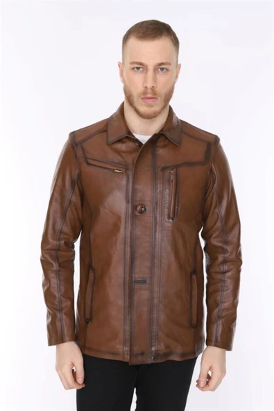 Hakiki Deri Kahverengi Blouse Gömlek Yaka Erkek Deri Ceket ürün görseli 1