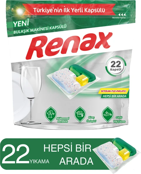 Renax Bulaşık Makinesi Kapsülü 22 Yıkama Limon Kokulu Yağ ve Kireç Önleyici Hepsi Bir Arada Formül ürün görseli 1