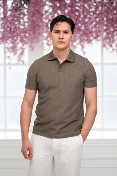 Slimfit Spor Örgü Kumaş Tek Düğme Polo Yaka T-shirt ürün görseli 1