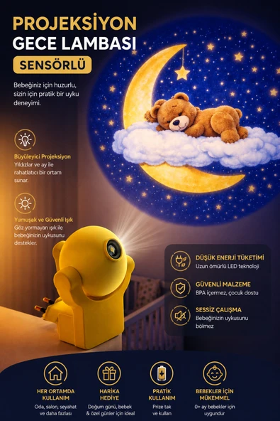 Projeksiyon Gece Lambası Sensörlü Bebek Odası Uyku Lambası Sevimli Ayıcık Görselli 5 Lümen Led Işık ürün görseli 1