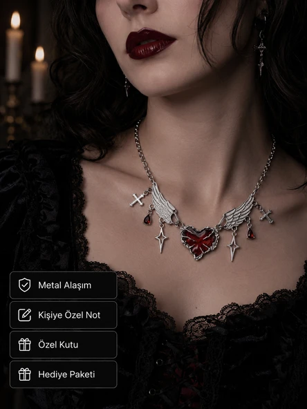 Kırmızı Kalp Taşlı Haç ve Kanat Detaylı Kolye Alternatif Stil Kadın Aksesuar ürün görseli 1