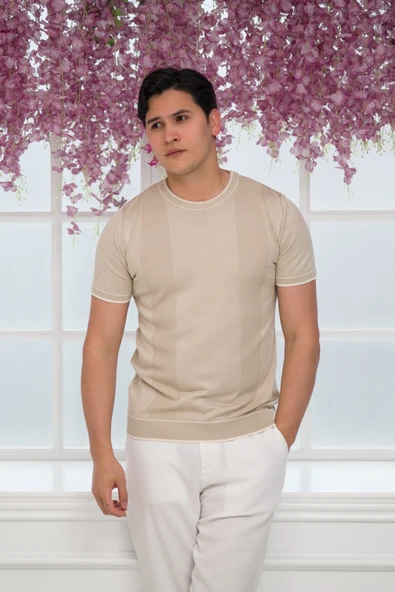 Slimfit Kolları Lastikli Likralı Desenli Bisiklet Yaka Triko T-shirt ürün görseli 1